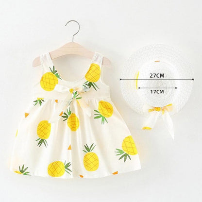 Luxury Modern Baby Girls Dresses With Hat 2pcs Clothes Sets Kids Clothes Baby Sleeveless Dress Print Floral Fruit Design Style