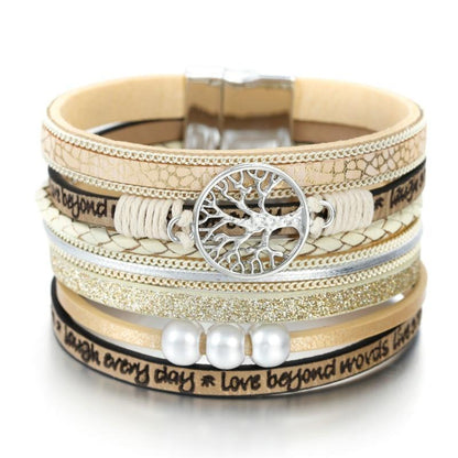 Handmade Luxury Fashion Modern Amazing Charm Pearl Life of tree Leather Bracelets For Women And Man