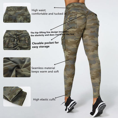 Camouflage Yoga Pants With Pockets Women Fitness Leggings Workout Sports Pocket Women Green Leggings Slim Skinny Gym Leggings Pants Push Up Elastic Slim Pants For Autumn And Winter