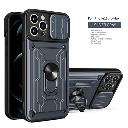 Heavy Duty Armor Case Card Pocket for iPhone 11 Pro 7 8 Plus Magnetic Phone Holder Cover Slide Lens Protection Design Card Holder Slot With Rotating Ring Armor Bumper Shockproof Case