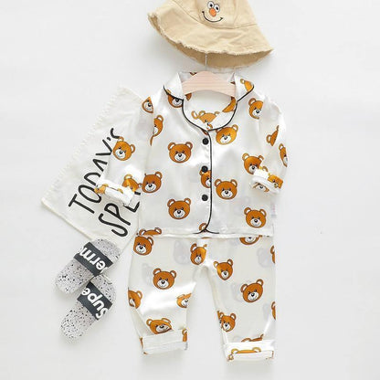 Luxury Modern Children's Pajamas Set Baby Suit Toddler Boys and Girls Ice Silk Satin Cartoon Printing Tops Pants Set Home Wear pajams for Kids