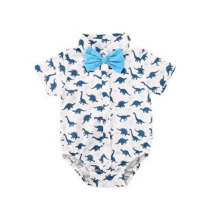 Newborn Boys Bodysuits Bow Short Sleeve Print Single Breasted Jumpsuits Shirt For Baby With Elegant Bow