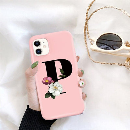 Initial Letter Silicon Phone Case For Iphone  12 Pro Max Retro Pink Flower Soft Back Cover Compatible With Iphone Case Soft Touch Cute Pink Silicone Back Cover For Iphone