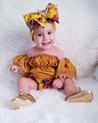 Elegant Luxury Floral Newborn Baby Girl Toddler Outfits Off shoulder Solid Tops Floral Short Pant Headband Bow Set For Baby Girls