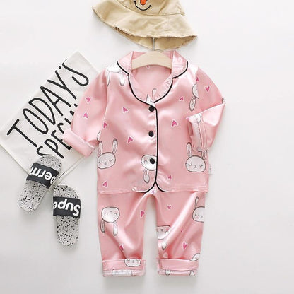 Luxury Modern Children's Pajamas Set Baby Suit Toddler Boys and Girls Ice Silk Satin Cartoon Printing Tops Pants Set Home Wear pajams for Kids