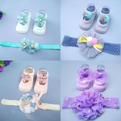Baby Newborn Solid Color Lace Baby Bowknot Socks & Princess Cute Baby Socks Hair Band Set FOr Girls Baby In Modern Design