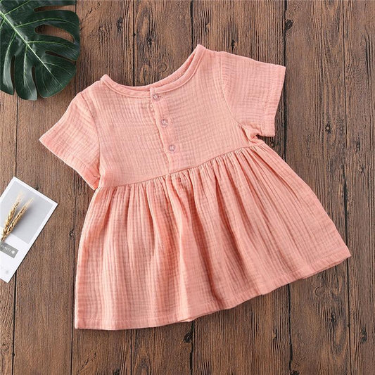 Kids Summer Cotton Linen Dress with Plain Short sleeve Party A-line dress For Small Girls 1-3 Years