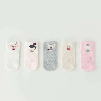 5 Pairs Thin Combed Cotton Cute Animal Baby Socks Mesh Short Socks For Newborns Boys & Girls