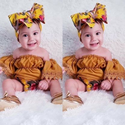 Elegant Luxury Floral Newborn Baby Girl Toddler Outfits Off shoulder Solid Tops Floral Short Pant Headband Bow Set For Baby Girls