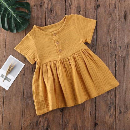 Kids Summer Cotton Linen Dress with Plain Short sleeve  Party A-line dress For Small Girls 1-3 Years