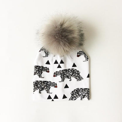 Luxury Modern Unique Toddler Boys and Girls Cartoon Printing Cotton Pompom Cap For Baby Beanie Hat With Pompon For Kids