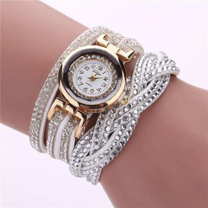 Fashion Casual Gold Quartz Women Rhinestone Watch Braided Leather Bracelet Watch Gift Ladies Wristwatch For Ladies  and Women
