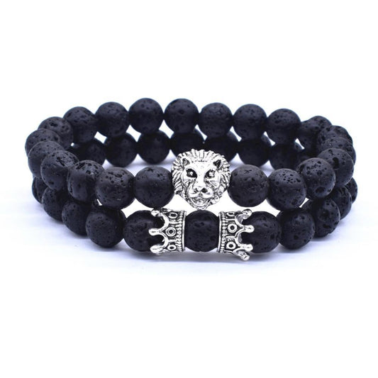 Classic Vintage Elegant Lion Head and Luxury Crown Charm Bracelet Natural Lava Stone Beads Amazing Bracelet Great For Men Fashion Jewelry
