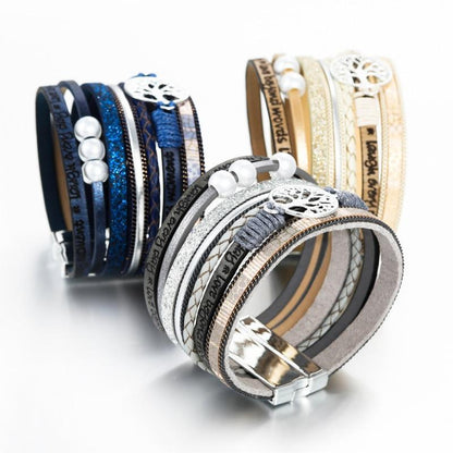 High Quality Handmade Elegant Fashion Luxury Modern New Amazing Charm Pearl Life of tree Leather Bracelets For Women