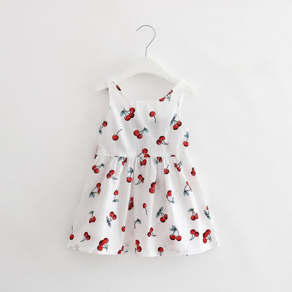 Luxury Modern Summer Girl Dress Children Kids Cherry Dress V-Back Dress Baby Cotton Kids Vest halter dress For Girls