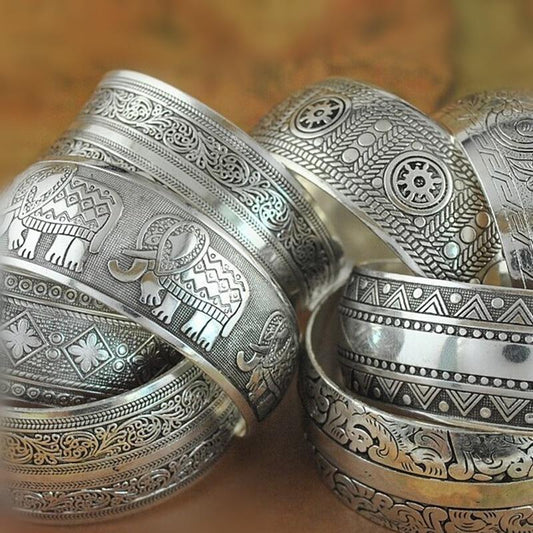 Big Elegant Luxury Amazing Classic Fashion Flower Metal Tibetan Indian Silver Vintage Retro Fashion Cuff Bracelet Bangle For Woman With Details of Animals