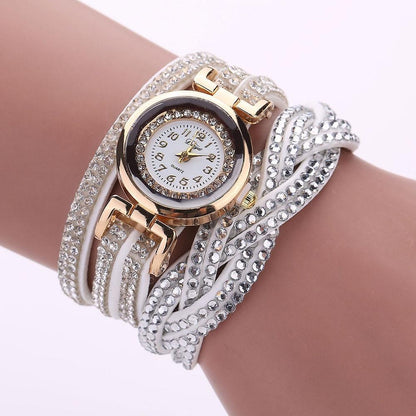 Fashion Casual Gold Quartz Women Rhinestone Watch Braided Leather Bracelet Watch Gift Ladies Wristwatch For Ladies  and Women