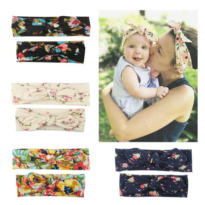 Modern Handmade Mother Baby Turban Matching Headband Mom Daughter Rabbit Ears Headbands Floral Print Bow