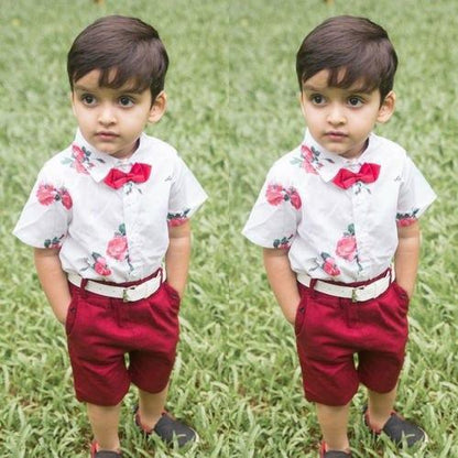 Floral Boy Gentleman Outfits Suit Short Sleeve Toddler Bow Tie Shirt Tops +Red Shorts Summer Set For Boy Kids Form 1-5 Years