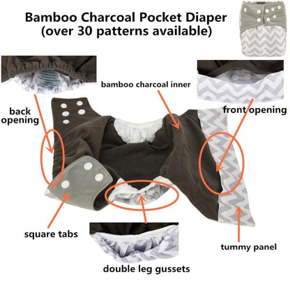 Luxury Charcoal Bamboo Baby Cloth Diaper Nappy Washable Reusable Double Gusset Square Tabs Nappies for Baby and Kids