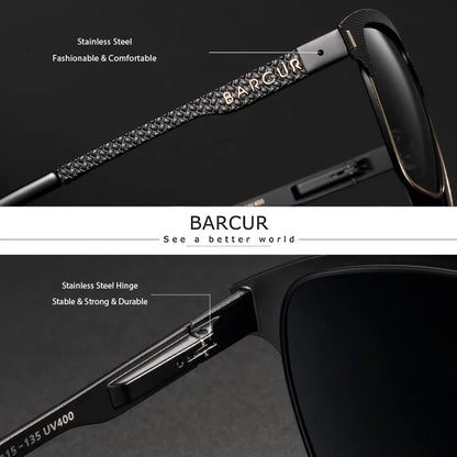 BARCUR Polarized Men’s Sunglasses – Fashionable Square Stainless Steel Frame UV400 Protection Anti-Reflective Outdoor Sports & Driving Eyewear – Original Design Casual Style with Premium Polycarbonate Lenses