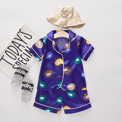 Luxury Modern Children's Pajamas Set Baby Suit Toddler Boys and Girls Ice Silk Satin Cartoon Printing Tops Pants Set Home Wear pajams for Kids