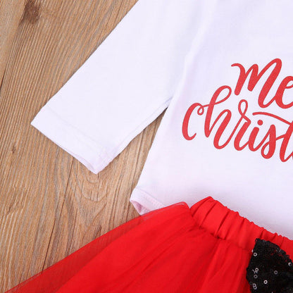 4Pcs Baby Girls Christmas Dress Set Children Long Sleeve Top  Short Skirt Hair Band And Leg Cover