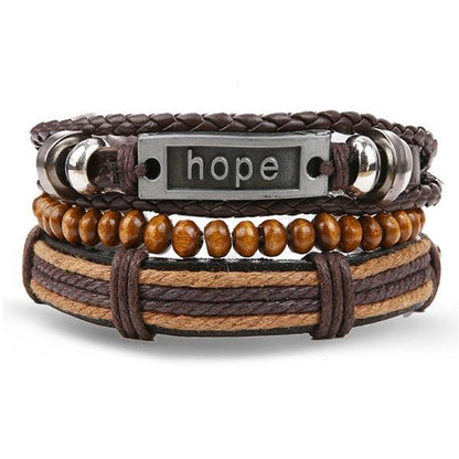 Vintage Black Bead Bracelets For Men Fashion Hollow Triangle Leather Bracelet & Bangles Multilayer Wide Wrap Jewelry For Men and Women
