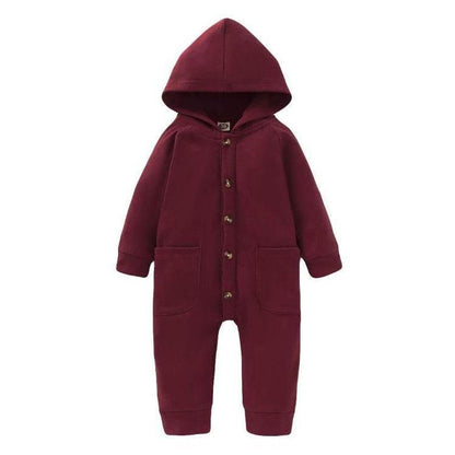 Newborn Clothing Solid Long Sleeve Hooded Button Pockets Romper Winter Warm Jumpsuit for Girls and Boys