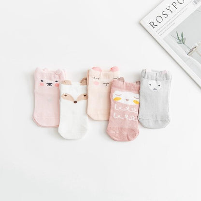 5 Pairs Thin Combed Cotton Cute Animal Baby Socks Mesh Short Socks For Newborns Boys & Girls