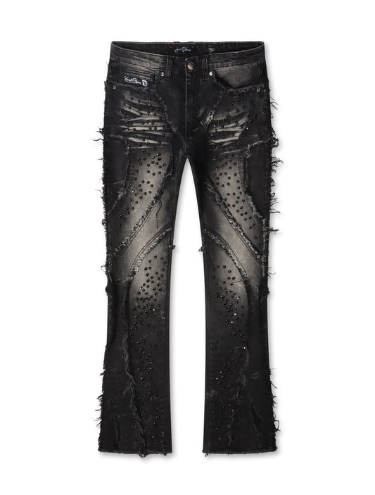 Frost Originals Distressed Rhinestone Stacked Jeans - Black Wash