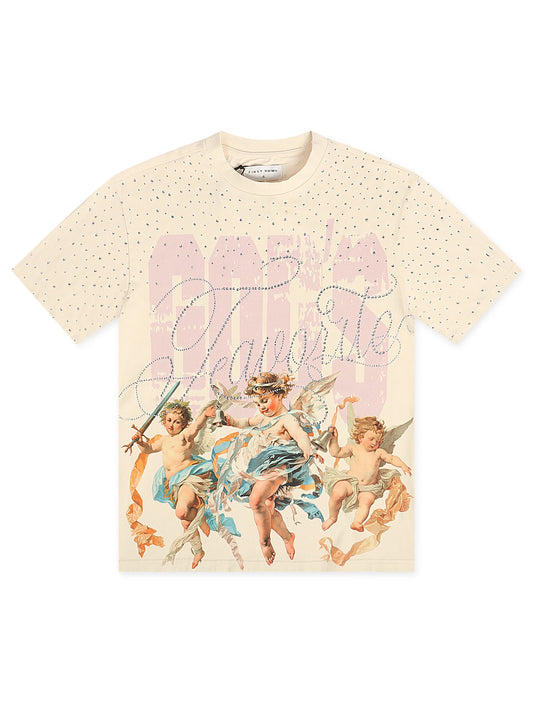 First Row Cropped Washed Rhinestone Tee - Cream