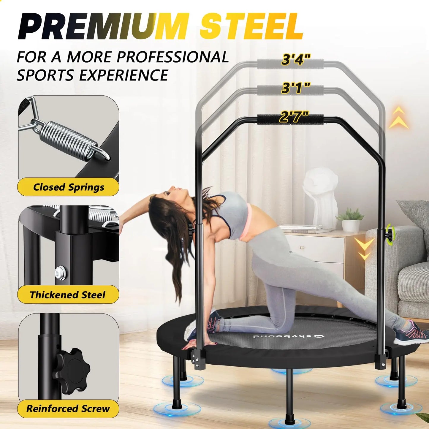 Rebounder Trampoline for Adults - 40" Foldable Mini Trampoline Fitness Rebounder with Adjustable U-Bar Handle, Max Load 350lbs,S