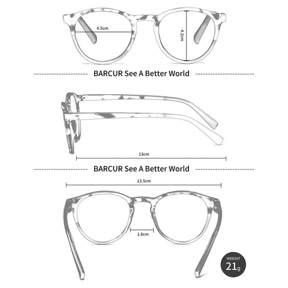 BARCUR Simple Men’s Presbyopia Glasses Comfortable Lightweight Leopard Pattern PC Anti-Slip Round Frame Transparent Acrylic Lenses for Women’s Reading Glasses
