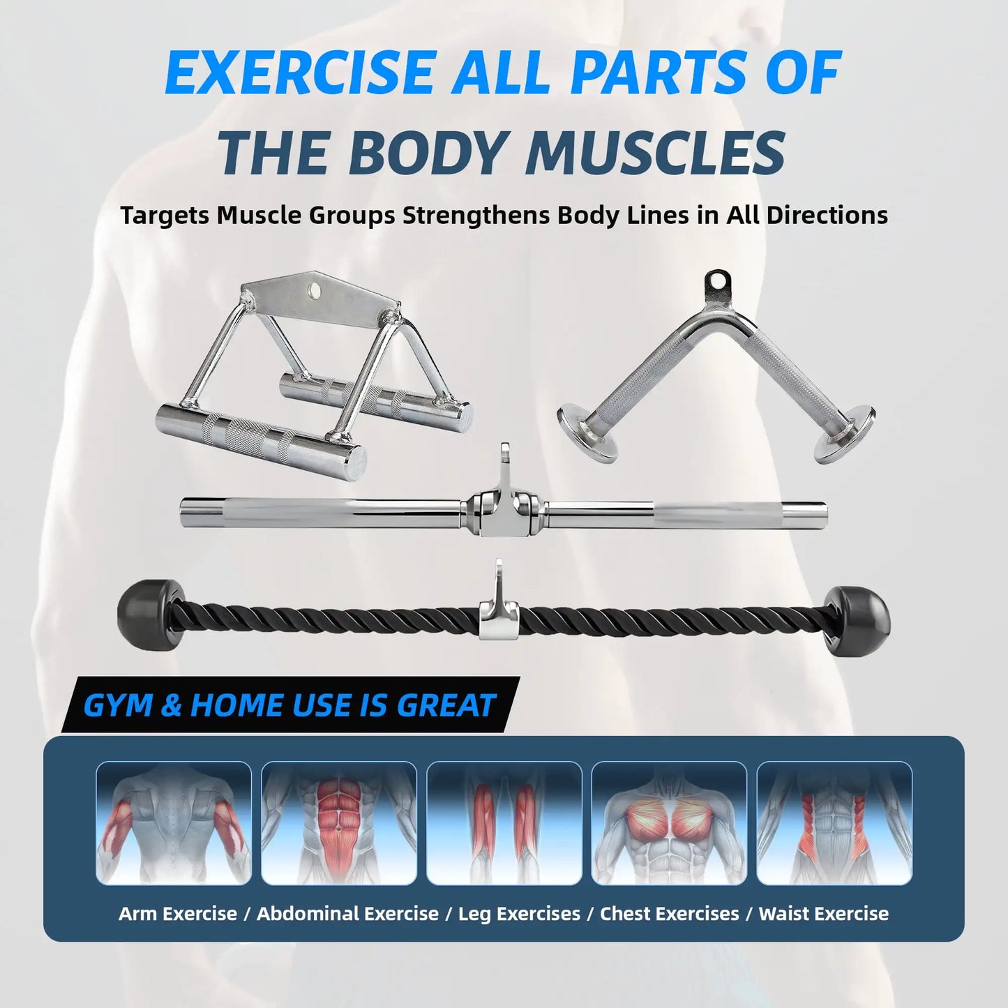 Tricep Press Down & LAT Pulldown Attachments ，Cable Machine Accessories，with V Handle, Rotating Bar, Tricep Rope, V-Shaped Bar，f