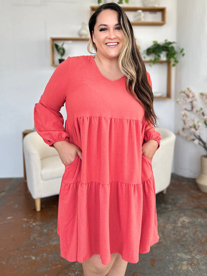 Light Green Double Take Full Size V-Neck Sleeve Tiered Dress with Pockets Elegant & Comfortable Casual Dress