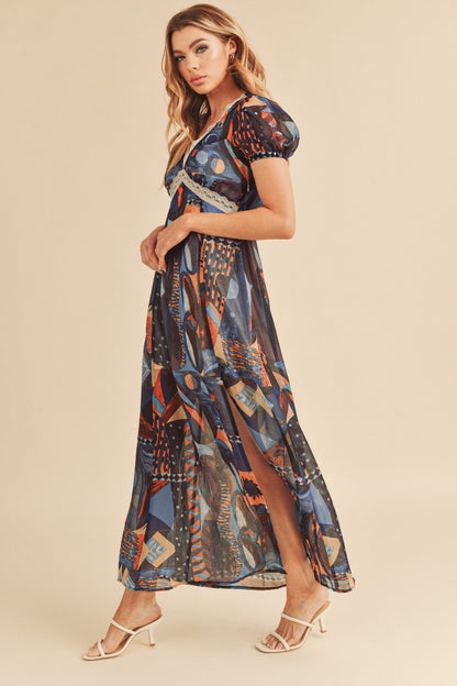 Lace Detail Slit Geometric Print Short Sleeve Comfortable Maxi Dress For Women, Elegant Lace, Alluring Slit, Sophisticated Geometric Print for Casual & Dressy Occasions