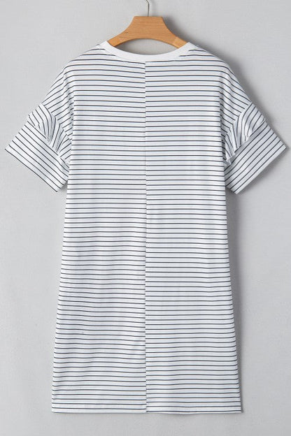 White Striped Round Neck Short Sleeve Mini Dress Casual & Playful Everyday Look Dress