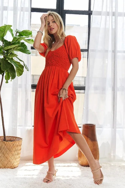 Popcorn Smocked Puff Sleeve Dress For Women – Textured, Elegant, Fluttering, Feminine, Stylish, Trendy For Special Occasions