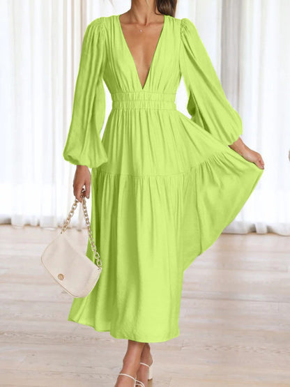 Lightweight Deep V-Neck Balloon Sleeve Maxi Dress Elegant & Flowing Silhouette Unique Dress