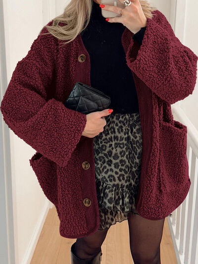 Modern Cozy Women Luxuriously Cozy Contrast Button Up Sherpa Jacket with Pockets For Fall & Winter