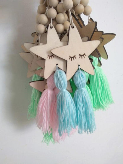 Adorable Sleepy Eye Eyelash Kids Room Decoration Crafts Wood  Wall Hanging Stars Decorative Beads Tassel Photography Props Gift For Kids Bedroom Decor Makeup Sticker For Girls Room Wall Art