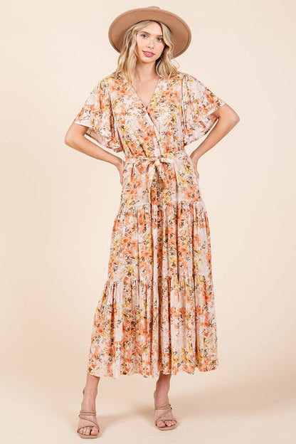 New Summer Floral Tie Waist Flutter Sleeve Tiered Dress – Graceful and Feminine Dress with Bohemian Charm and Flattering Tie Waist