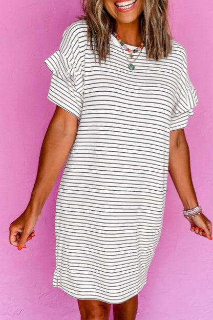 White Striped Round Neck Short Sleeve Mini Dress Casual & Playful Everyday Look Dress