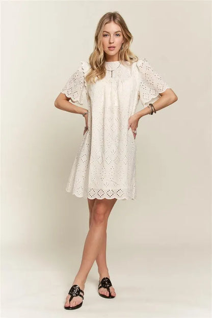 Ruffled Eyelet Round Neck Summer Dress For Women – Elegant Feminine Eyelet Dress with Ruffled Details for Garden Parties & Special Occasions