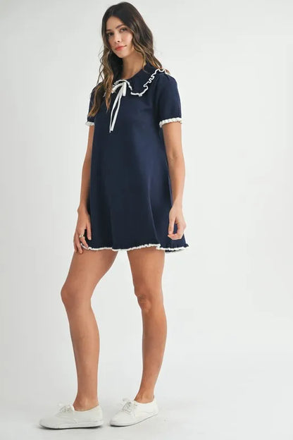 Ruffle Trimmed Collar Fine Knit Mini Dress For Women – Ruffle Mini Dress, Fine Knit Dress, Collar Dress, Feminine Mini Dress, Chic Knit Dress