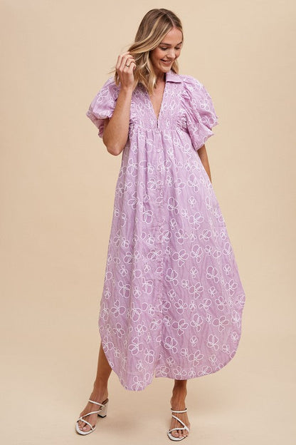 Romantic Floral Detail Puff Sleeve Dress Feminine Elegant Dress for Women Long Dress For Summer