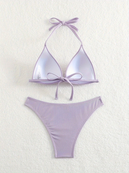 Bikini Rib Knit Solid Color Triangle 2 Piece Swimsuit for Women – Adjustable Tie Back Halter Bikini Set with Spaghetti Straps – High Stretch Polyester Swimwear for Summer Beachwear Poolside Relaxation and Tropical Vacation
