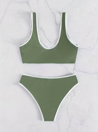 Bikini Scoop Neck Contrast Trim 2 Piece Swimsuit for Women – High Stretch Casual Bikini Set with Scallop Edge Detail and Matching Swim Briefs – Stylish Solid Color Swimwear for Beach Days Pool Lounging and Summer Vacations