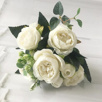 Beautiful Rose Peony Artificial Silk Eucalyptus Fake Flowers Small bouquet Flores Home Party Spring Wedding Decoration Artificial Silk Rose Flower Bouquet Lifelike Fake Rose for Wedding Home Party Decoration Event Gift